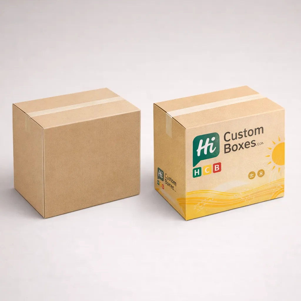 Plain brown cardboard shipping box next to a branded sunscreen carton with yellow sun graphics. class=